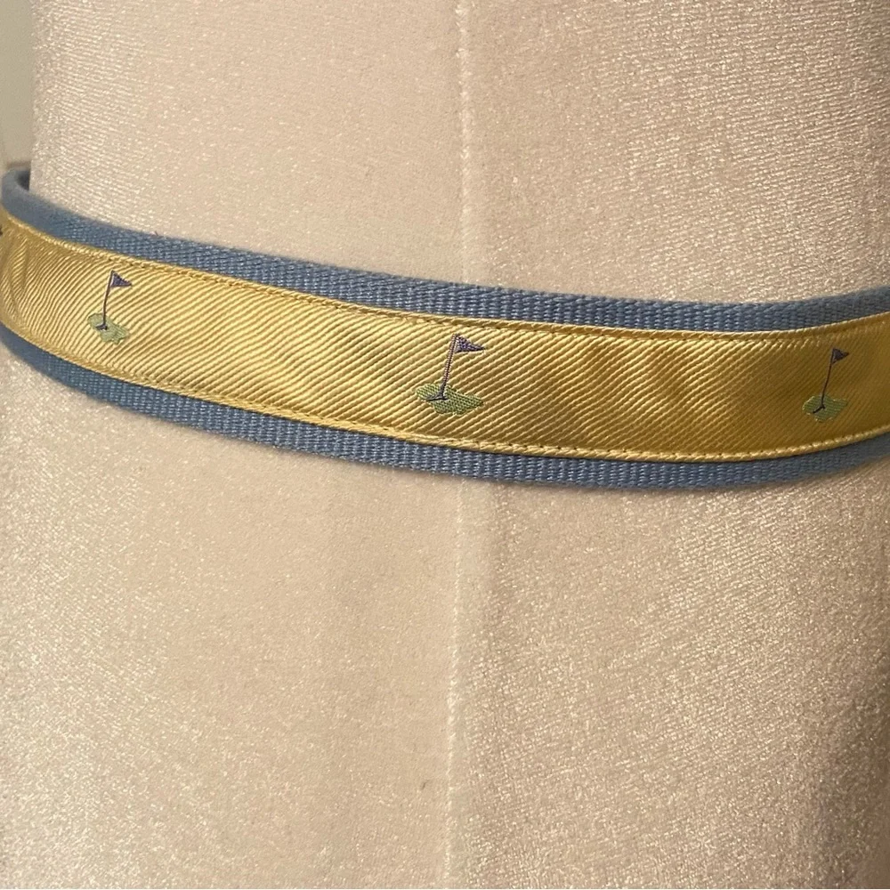J. McLAUGHLIN BELT GOLF FLAG BLUE WEBBING YELLOW RIBBON BROWN LEATHER SIZE S USA
